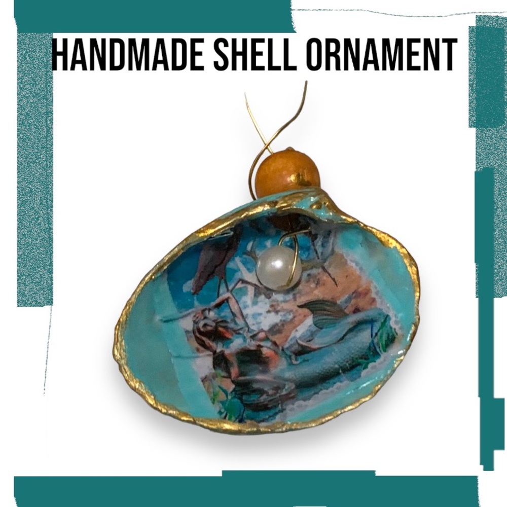Mermaid Hanging Decoration/ Ornament Hand-painted, Decoupage, & Glazed Seashell